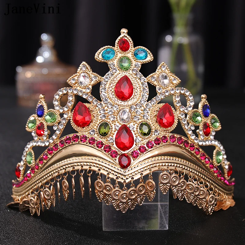 

JaneVini Ethnic Women Crowns for Wedding Bride Quinceañera Bridal Tiara Hair Crown Crystal Arabic Hair Accessories Hairband Boho