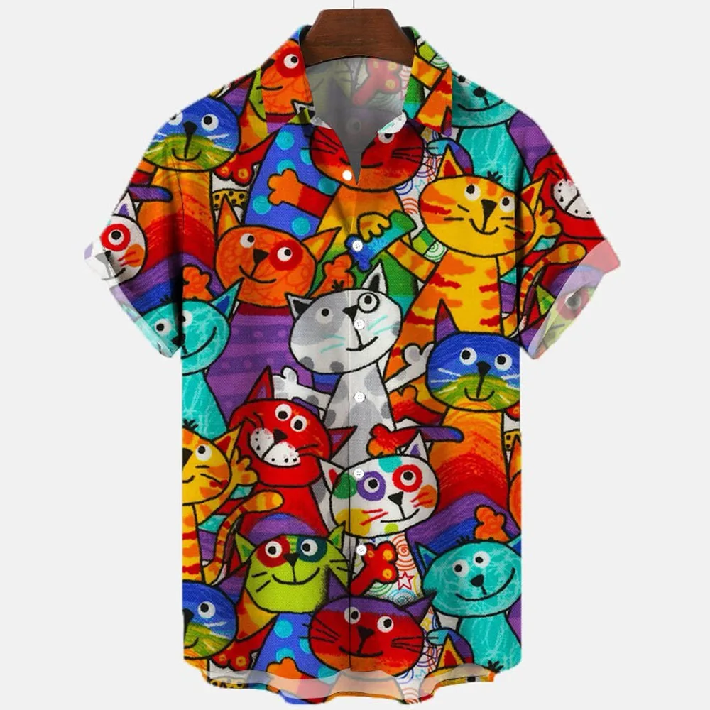 2024 Colorful Cats Retro Fashion 3d Men\'s Hawaiian Shirt Male Clothing Casual Shirts Men\'s Shirt Fashion Loose Short Sleeves 5xl