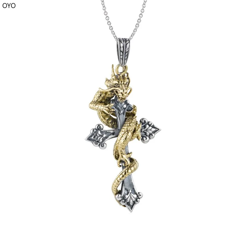 

100%s925 Sterling Silver European and American fashion personality retro men's domineering cross Dragon Pendant