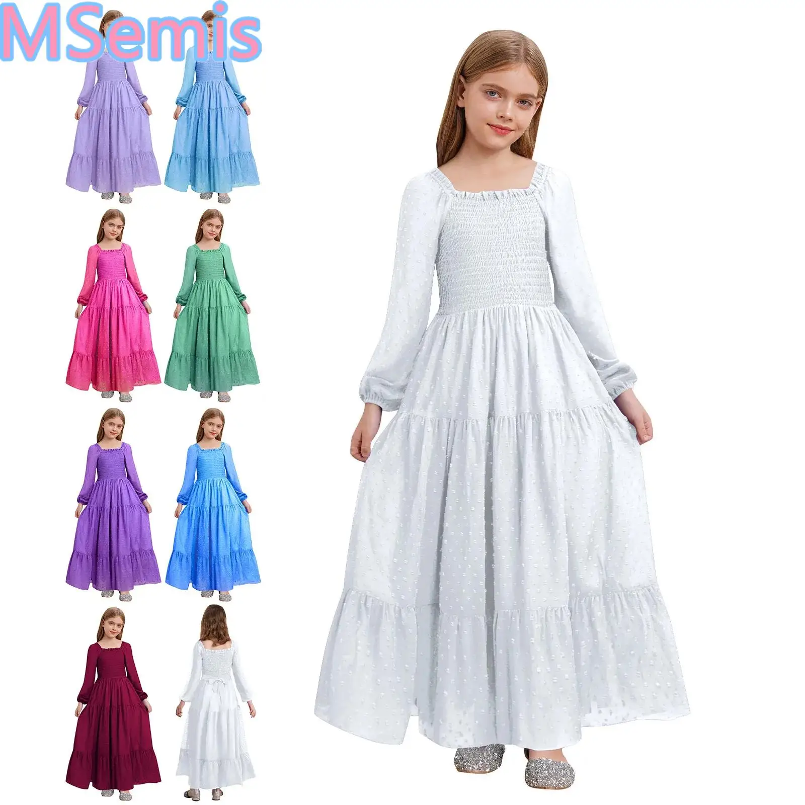 

Kids Girls Chiffon Dress Tiered Hem Ruffled Square Collar Long Sleeve Smocked Belted Dress for Beach Vacation Birthday Party