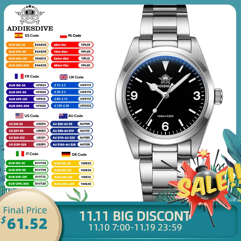 ADDIESDIVE Men Watch Luxury Sapphire Bubble Mirror VH31 Quartz Watches 100m Waterproof Luminous Classic High Quality Wristwatch