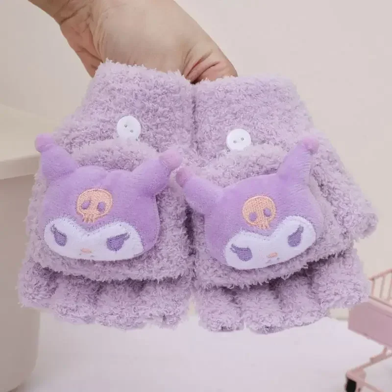 Sanrio Hello Kitty  Anime My Melody Children Gloves Cute Cinnamoroll Lovely Doll Winter Warm Half Finger Flip Warmer Gifts Toys