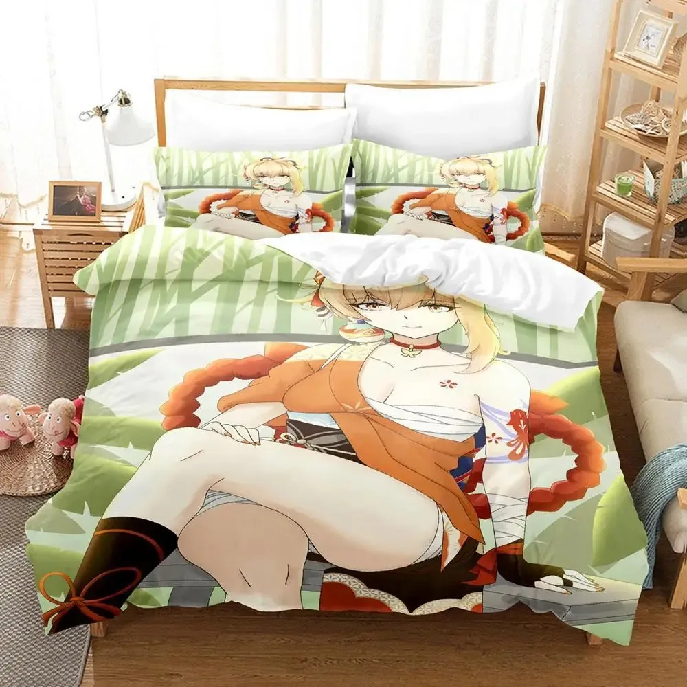 

New Anime Genshin Impact Yoimiya Bedding Set King Duvet Cover Pillow Case Comforter Cover Bedclothes Bed Linens Home Textiles