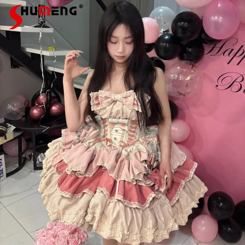 

Elegant Heavy Industry Socialite Princess Birthday Short Dress Off Shoulder Bow High Waist Slim Kawaii Lolita Fluffy Dress Women