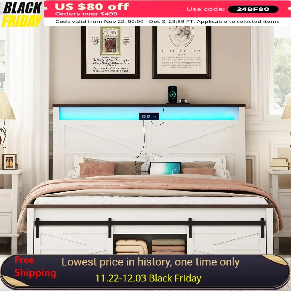 Queen Bed Frame with Sliding Barn Door Storage Cabinet，Headboard & LED，Charging Station，No Box Spring Needed，LED Bed Frame