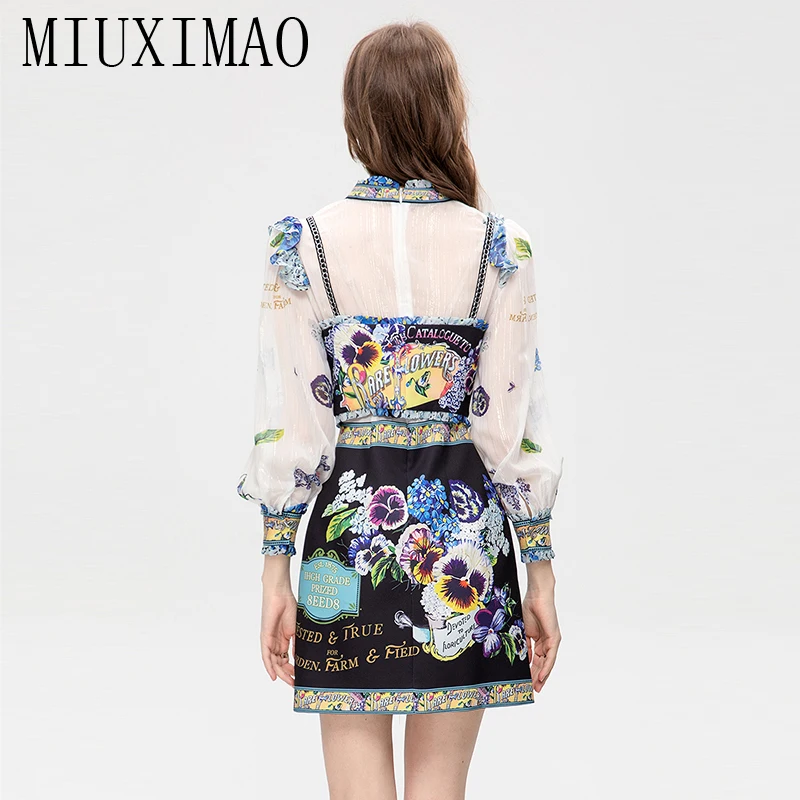 MIUXIMAO 2023 High Quality Spring&Summer Elegant Dress Long Sleeve Stand Chiffon Print Fashion Mini Dress Women Vestides