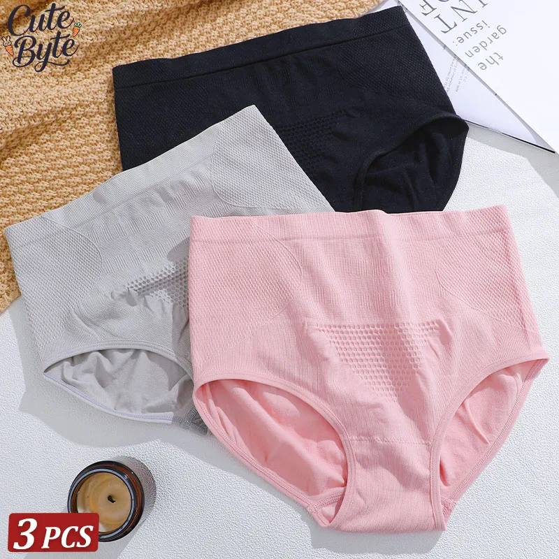 3er-Pack Damen High-Waist Honeycomb Bauchkontroll-Höschen Nahtlos Atmungsaktiv Hautfreundlich Po-Lifting Formgebend Übergröße Slips