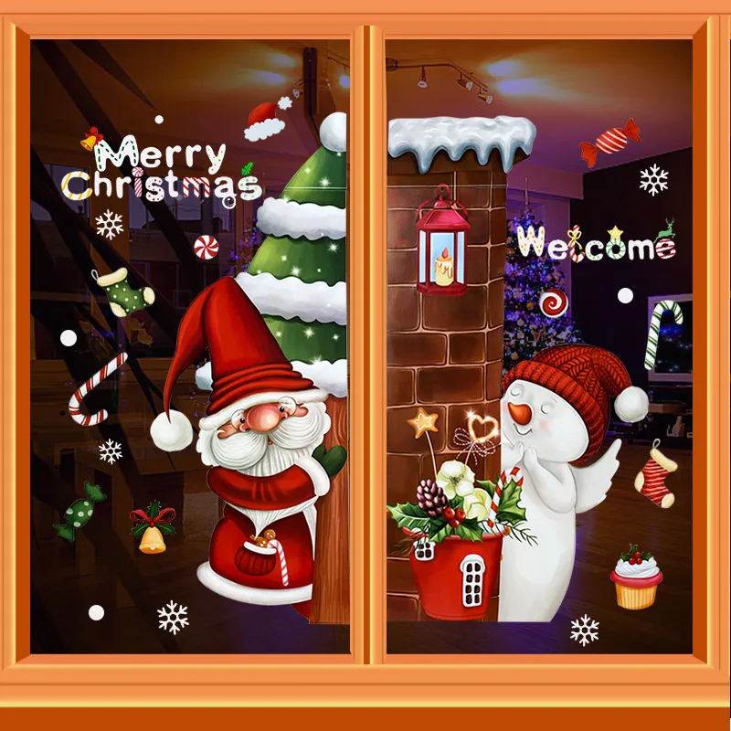 Cartoon Christmas Self adhesive Glass Window Stickers Santa Claus Reindeer Snowman Xmas Tree Merry Xmas Home Decoration