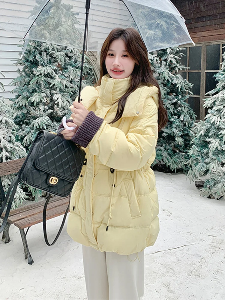 

Women's Knitted Patchwork Yellow Waist-Cinching down Jaet Winter Thi Warm White Du down Outerwear Sli Slimming