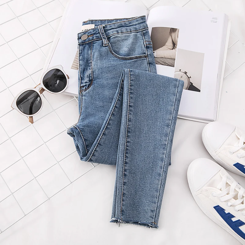 Light Wash High Waist Skinny Jeans Women's 9-Piece Hole Design Autumn Fashion Korean Style Cotton Stretch Denim Skinnies