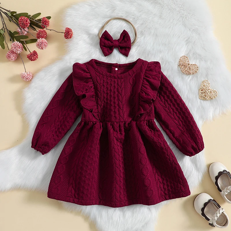 Baby Girl Knit Dress Long Sleeves Sweater Dress Toddler Fall Winter Outfits with Bowtie 6M-4Y Kids Girl Autumn Clothes