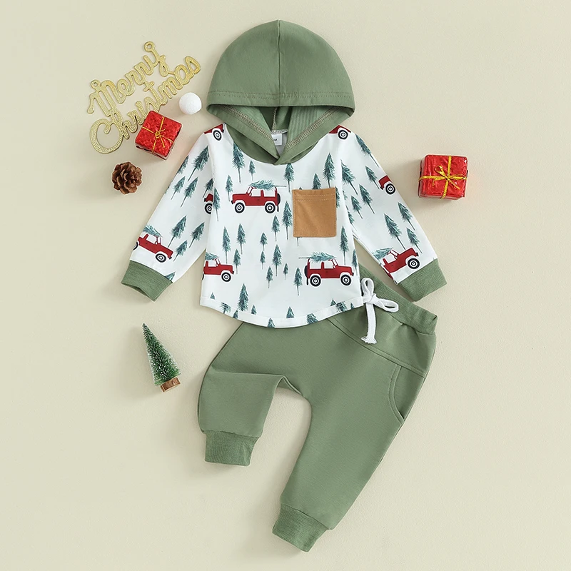 2023-10-06 Lioraitiin 0-3Y Newborn Baby Boys Christmas Clothes Sets Car Print Long Sleeve Hooded Sweatshirts Pocket Pants Outfit