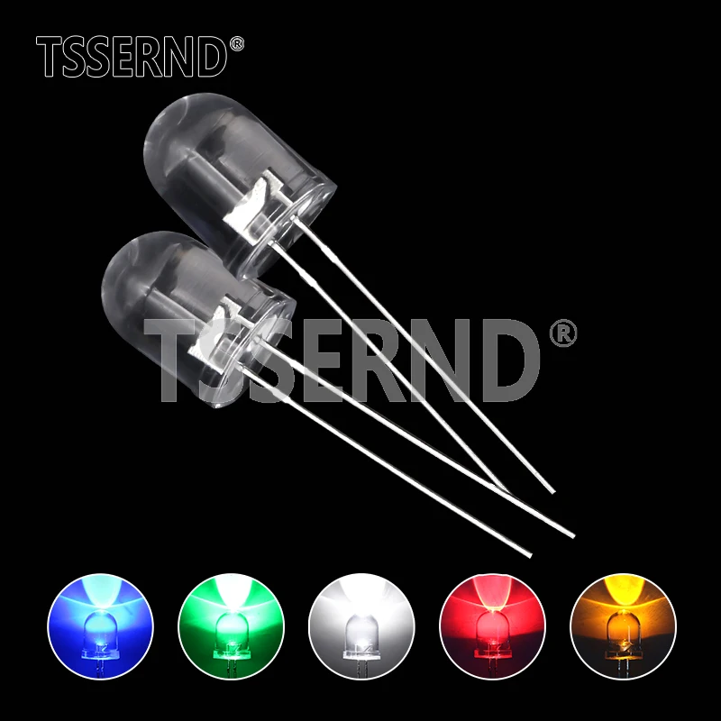 10pcs F10 10mm LED 5 Colors Red Blue Yellow Green White Transparent 20mA 0.75W Ultra Bright Round LED Light Emitting Diode Lamp