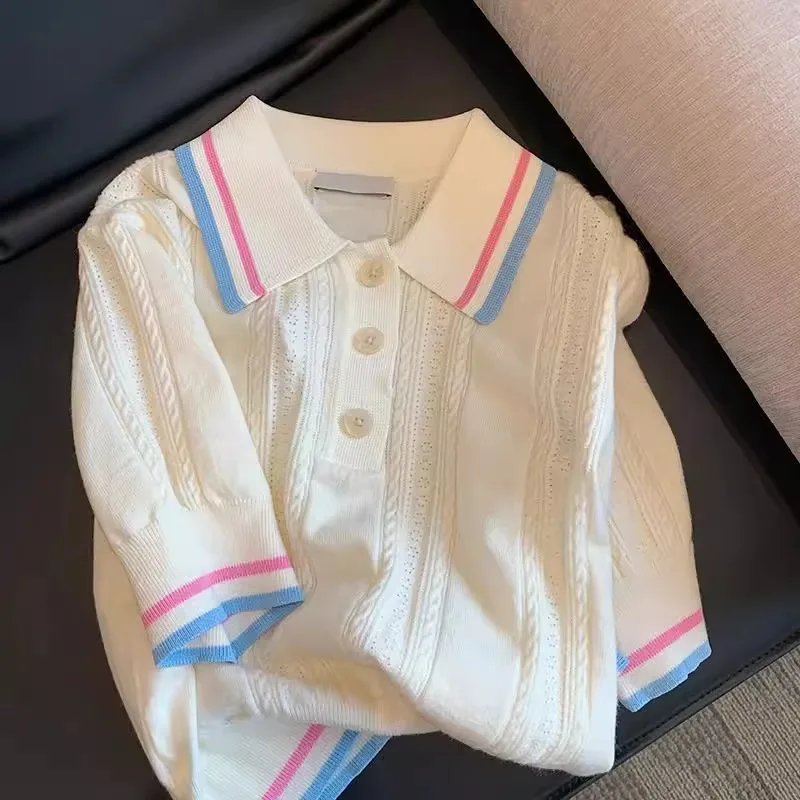 

Polo Collar White Pullover Sweater Women Knitted T-Shirt Spring Summer 2023 Loose Casual Short Sleeve Knitwear Tops Woman Tees