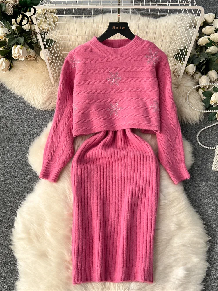 Women Casual Harajuku Street Style Knitted Autumn Two-piece Set Round Neck Long Sleeve Cover Shirt Slim Vest Dress Sweater Set