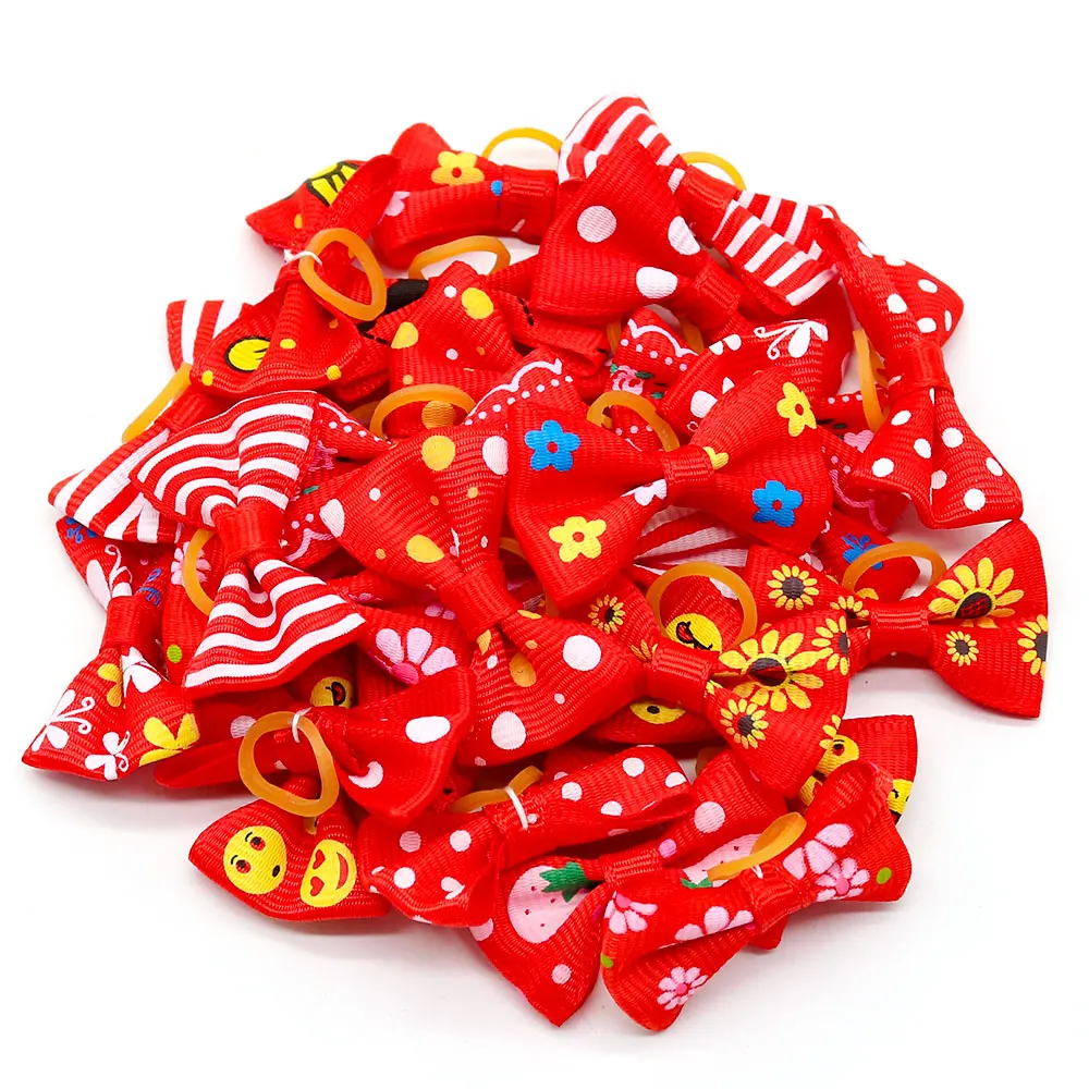 30PCS Red Series Pet Dog Hair Bows Doggy Bows with Rubber Bands Smile Face Pet Product Dog Hair Accessories