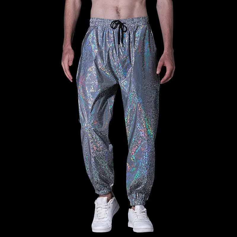 Mens Rainbow Lines Reflective Jogger Sweapants Harajuku Hip Hop Dance Fluorescent Pants Streetwear Night Sport Casual Trousers