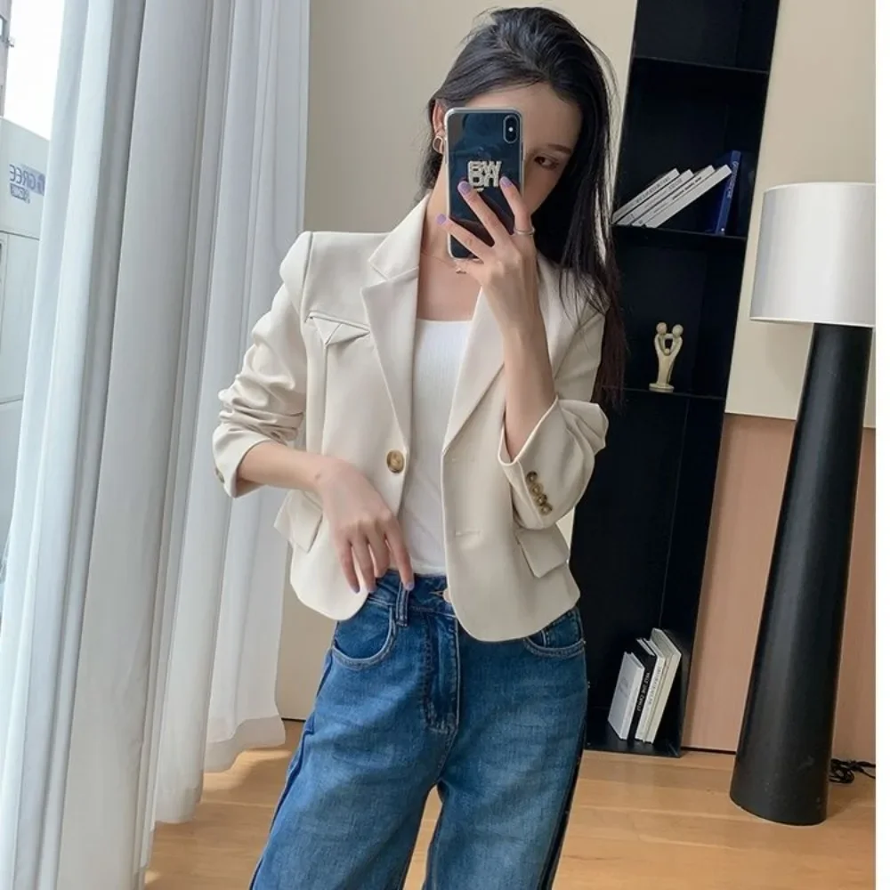 Women's Short Blazers Off-white Outerwear Spring Autumn Female Crop Coats and Jackets Youthful Woman Clothes Deals Classic Suit