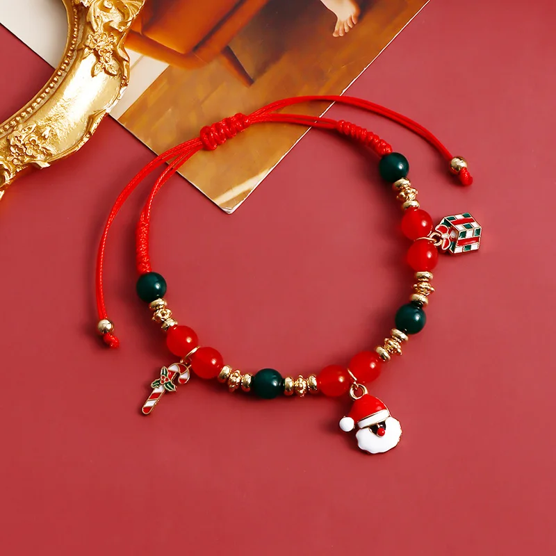 Fashion Handmade Red Agate Bead Christmas Set Bracelet New Jewelry for Women Simple Snowman Elk Bell Santa Charm Bangle Gifts