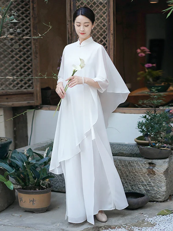 New Chinese Style White Healing Zen Women's Set Ancient Hanfu Tea Costume Borealis Dream Collection Loose Fit Polyester