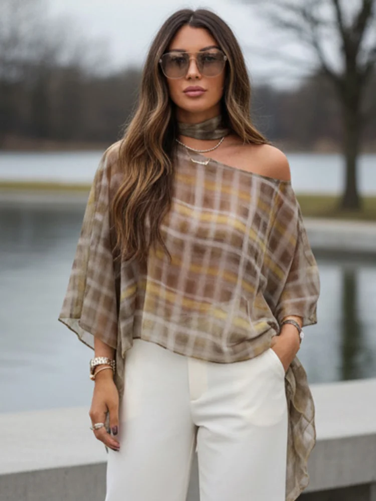 

Plaid Sheer Chiffon Blouse Women Elegant One Shoulder Flare Sleeve Asymmetric Hem Brown Top 2026 Summer Vacation Party Outfit