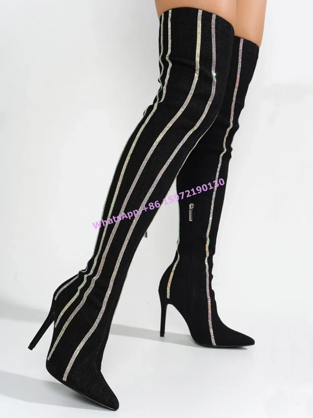 

Bling Stripes Dark Blue Boots Pointy Toe Thin Heels Side Zipper Thigh High Boots Luxury Shiny Runway Sexy Solid Shoes 2025