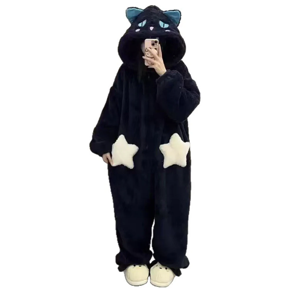 

Black Flannel One-piece Pajamas Set Winter Thick Plush Hooded Cartoon Onesie Cosplay Anime Costume Halloween Christmas Sleepwear