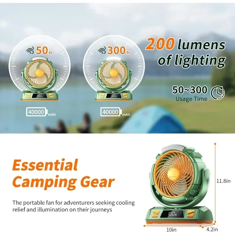 Doublepow-Ventilateur de camping avec lumière, batterie aste 62, tente d'extérieur pour la pêche, les pannes de courant, les motocyclistes, le sol de travail