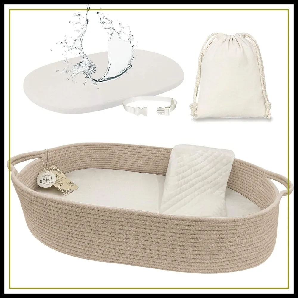 

100% Cotton Boho Baby Changing Basket with Pads and Safety Belt, Waterproof Mattress Cover, Storage Bag