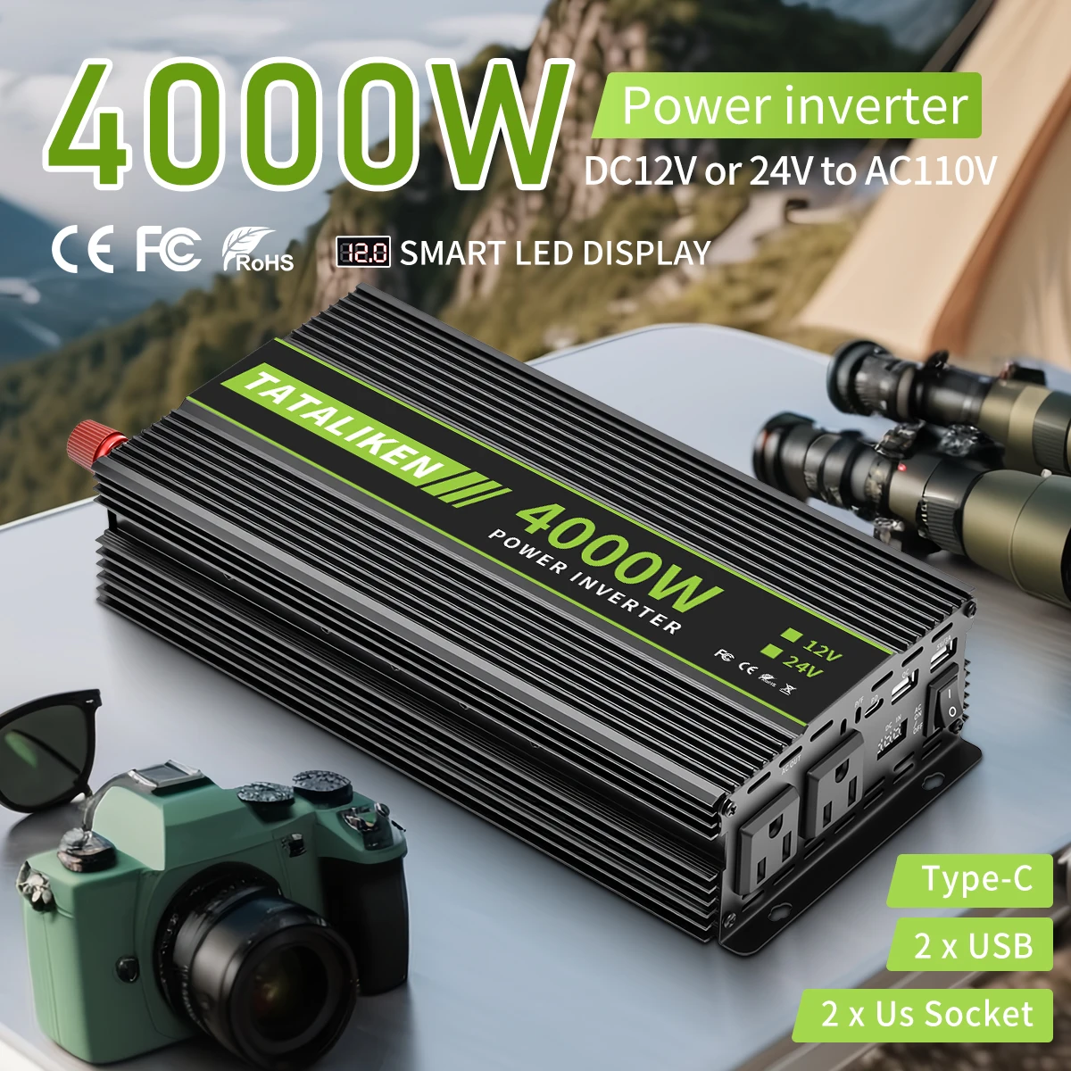 

TATALIKEN 4000W Modified Sine Wave Power Inverter 12V to 110V Universal Car Multi Protect Emergency with Intelligent LED Screen