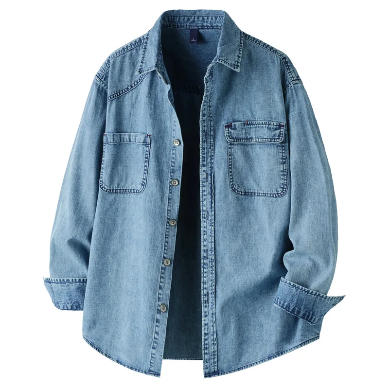 

100% Cotton Denim Shirt Men Long Sleeve Spring New Jean Shirts Male Casual Japanese Vintage Cowboy Tops Double Pockets Jacket