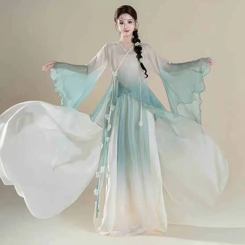 

Classical dancer performance costumes chiffon practice dance clothes gradient green body rhyme outer Chinese style folk dance