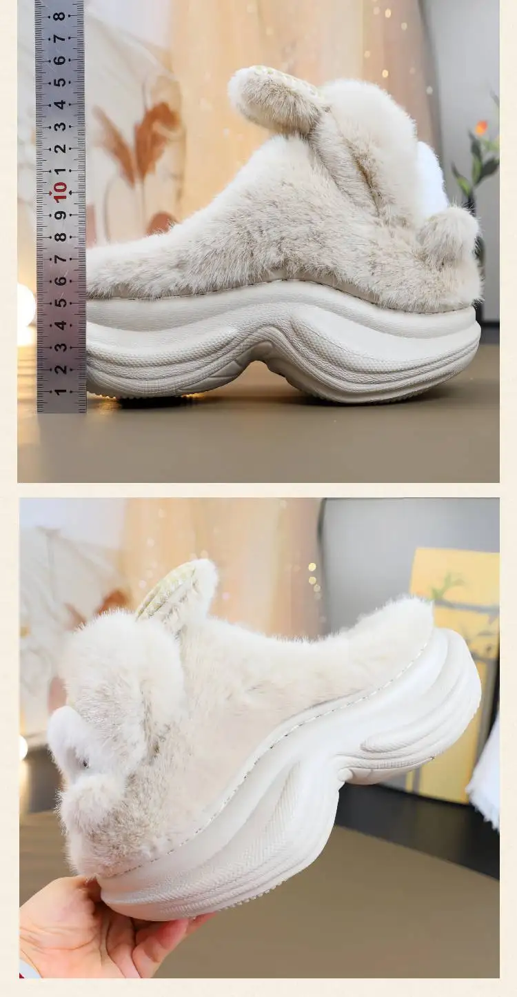 Pink Cute Rabbit Fluffy Slippers Women's Platform Thick Heeled Designer Shoes Girls Cute Home Plush Warm Winter Footwear 2025