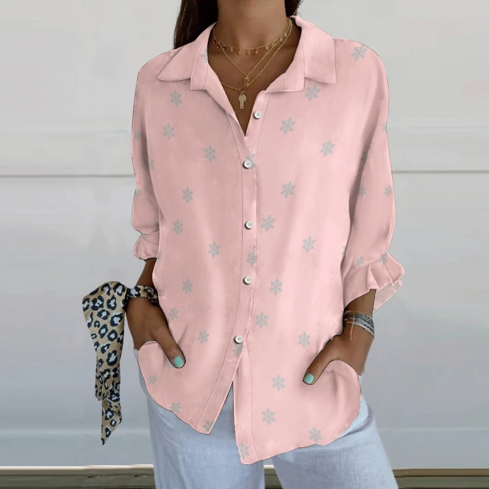 

Women's Snowflake Print Long-Sleeved Lapel Shirt, Pink Casual Shirt, Silver-White Blouse, Designer Clothes, Trendy Chic Blouse