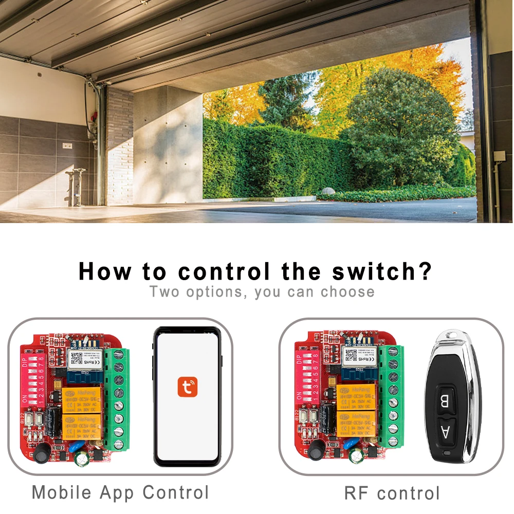 Tuya WIFI 300-900MHz RF Smart Garage Door Gate 2CH Receiver Controller Switch 433MHz 868mhz Transmitter Command Opener Alexa