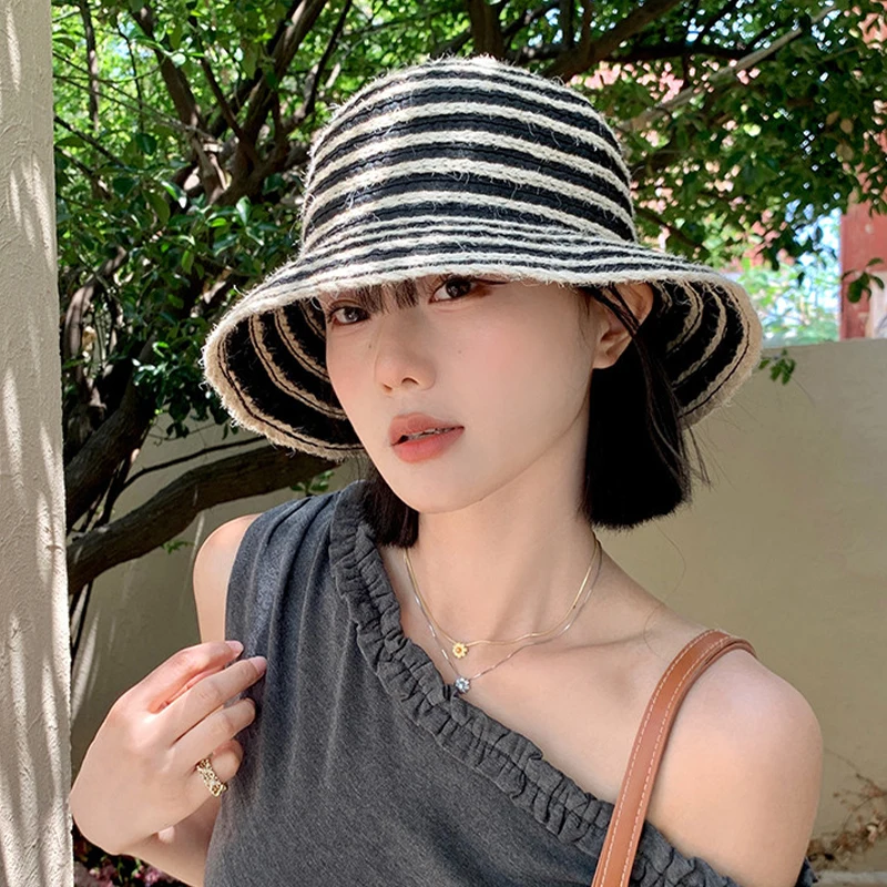 Small Face Effect Striped Bucket Hat Women Summer Sunshade Straw Hat Korean Dongdaemun Fashion Breathable Anti-UV Sun Bonnet Cap
