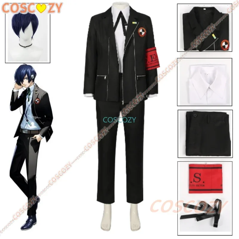 New Game P3 Makoto Yuki Cosplay Costume Wig Gekkoukan High School Uniform Embroidery Black Suit Pants Shirt Daily Wearing Gifts