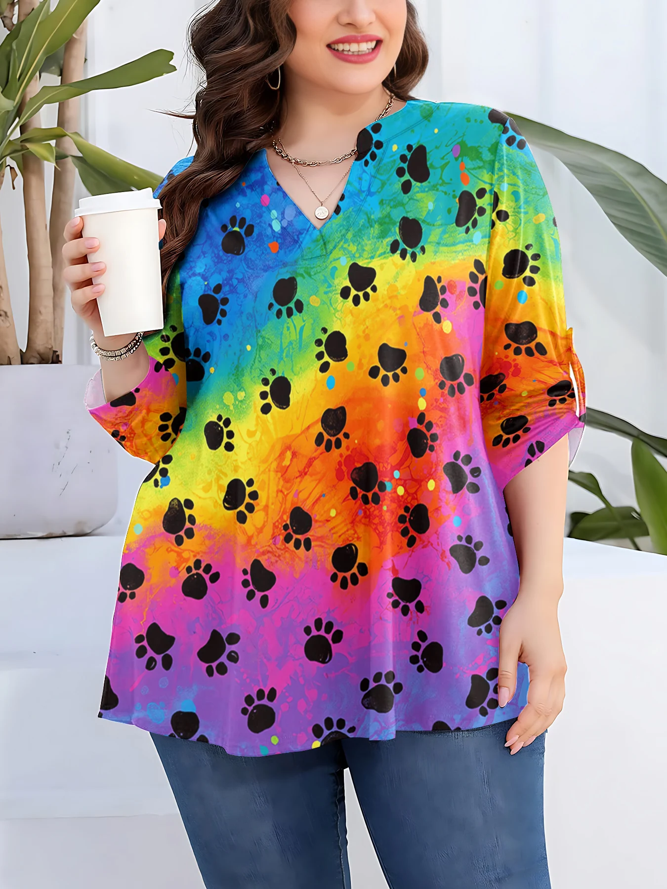 

Animal Paws Women Shirts Rainbow Art Gradient 3D Printed Tops V-neck Long Sleeve T-shirts Over Size Famale Casual Clothing L-5XL