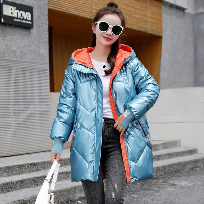 2024 Women\'s Winter Parkas Mid length Coat Loose Coat Thickened Bright Face Cotton Coat Women Cotton Padded Jacket