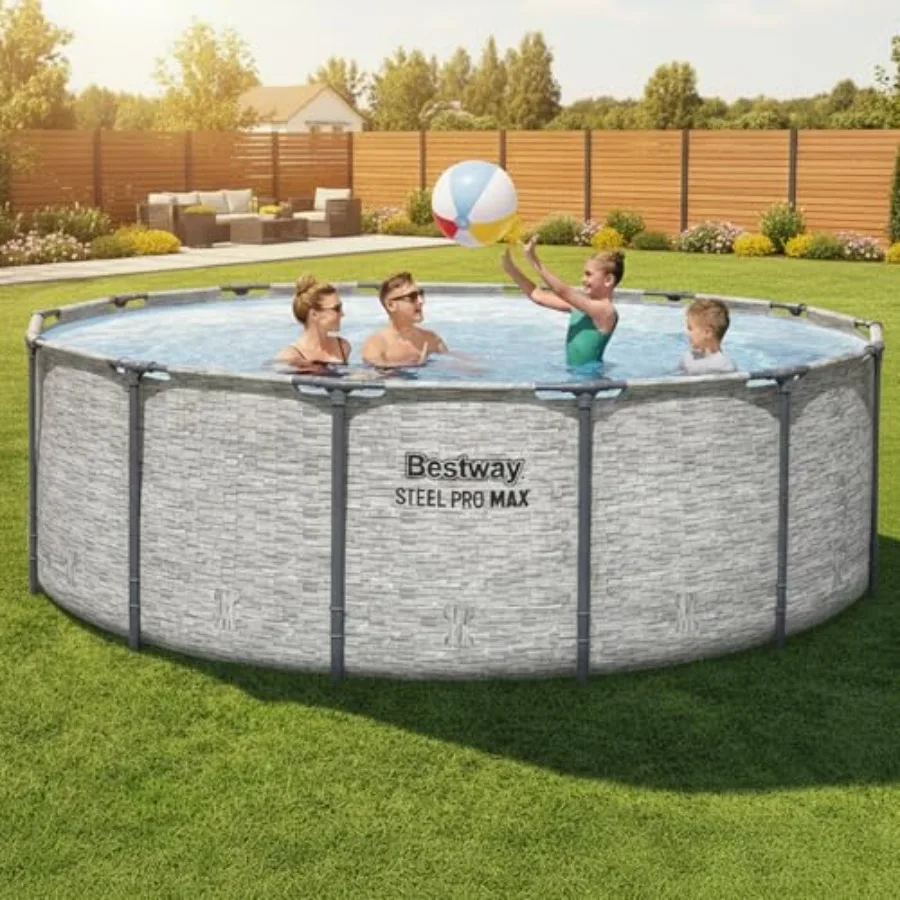 Steel Pro MAX Above Ground Pool, Round Metal Frame Outdoor Swimming Pool Set with Filter Pump, Ladder, and Cover, Gray Stone Pr