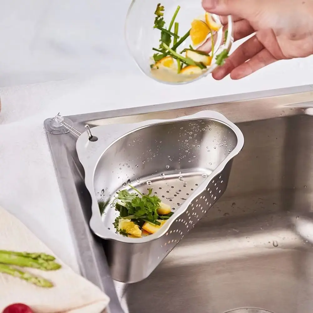 

Stainless Steel Portable Strainer Mesh Colander Ventilation Design Drainage Basket Triangle Shape Strong Suction Cup