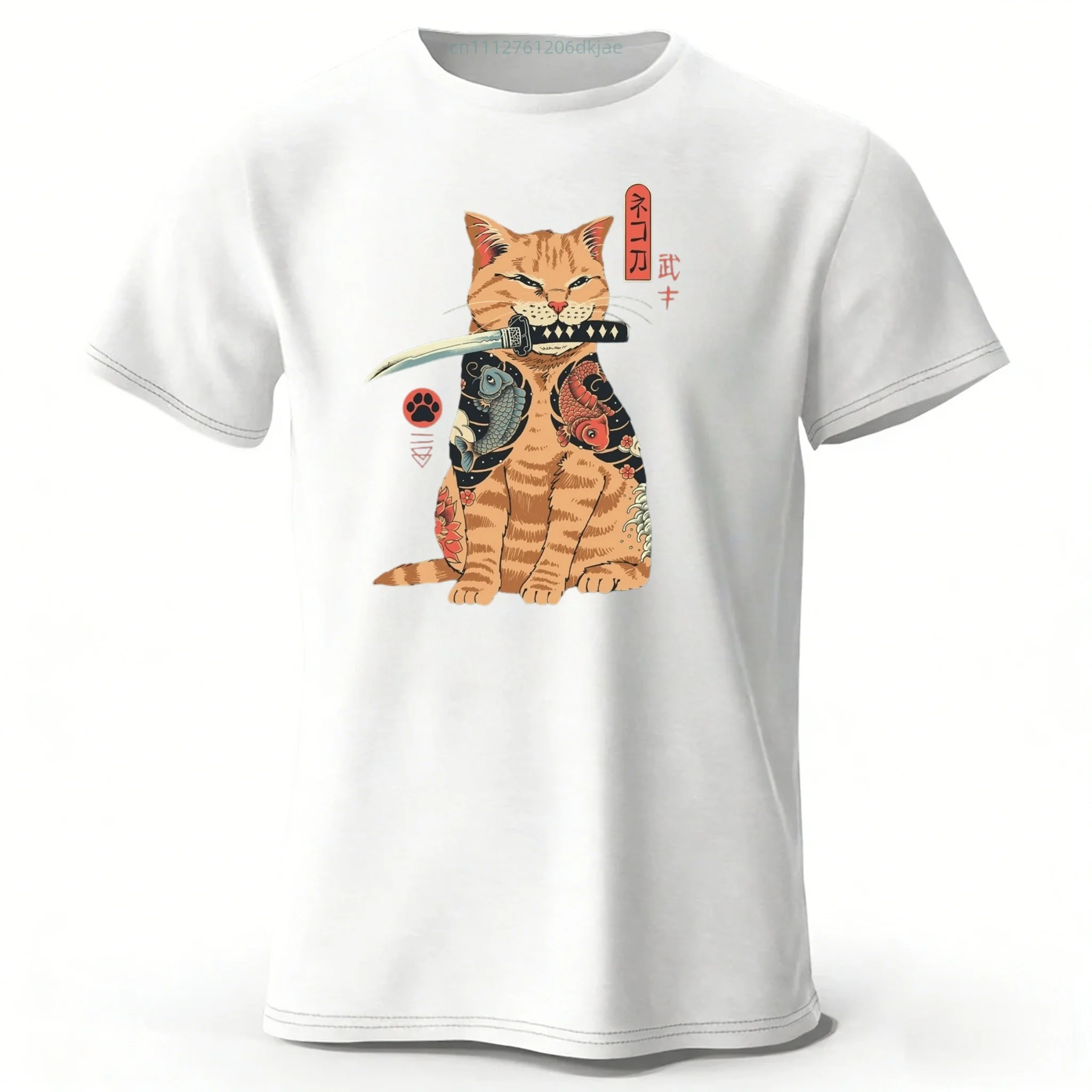 Japanischer Stil Orange Cat Warrior Kurzarm-T-Shirt aus reiner Baumwolle für den Sommer, lässiges, übergroßes, lockeres, schnell trocknendes Sport-T-Shirt für Herren