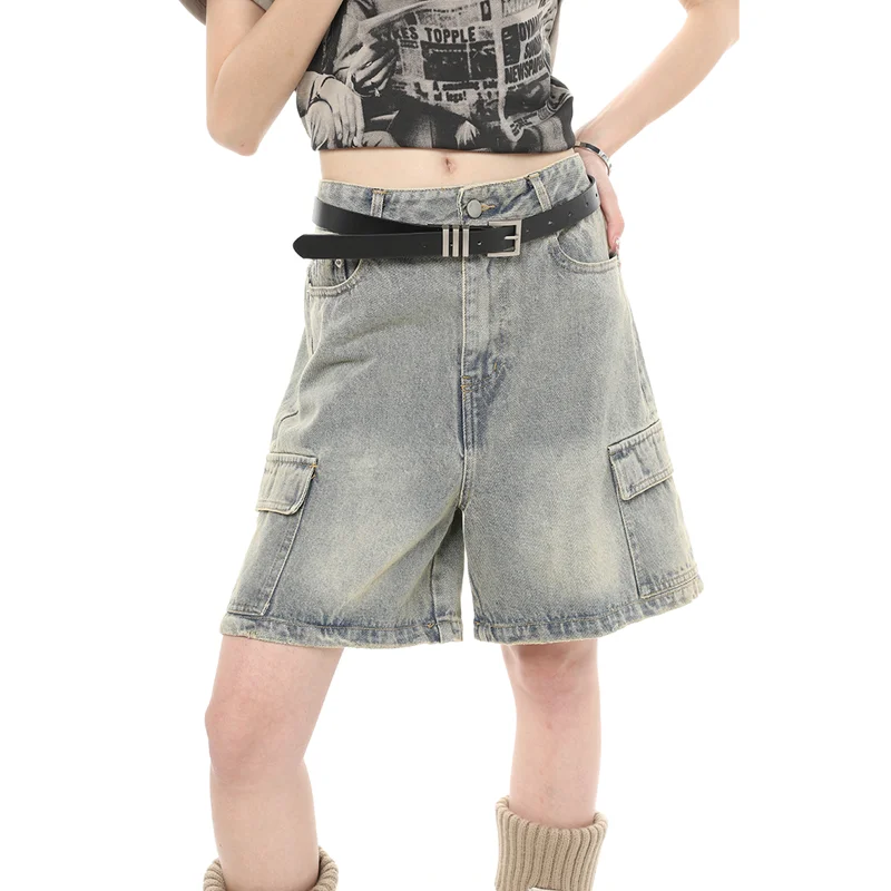 Pantaloni corti in Denim Cargo da donna blu a vita alta gamba larga American Streetwear Summer Vintage Casual pantaloni Cargo dritti larghi