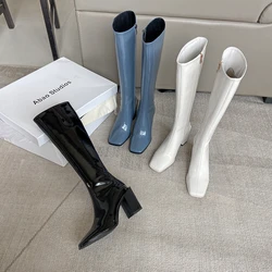Woman Knee-High Boots Fashion Zipper High Quality Leather Square Heel Knight Booties 2025 Trend Women's Long Boots