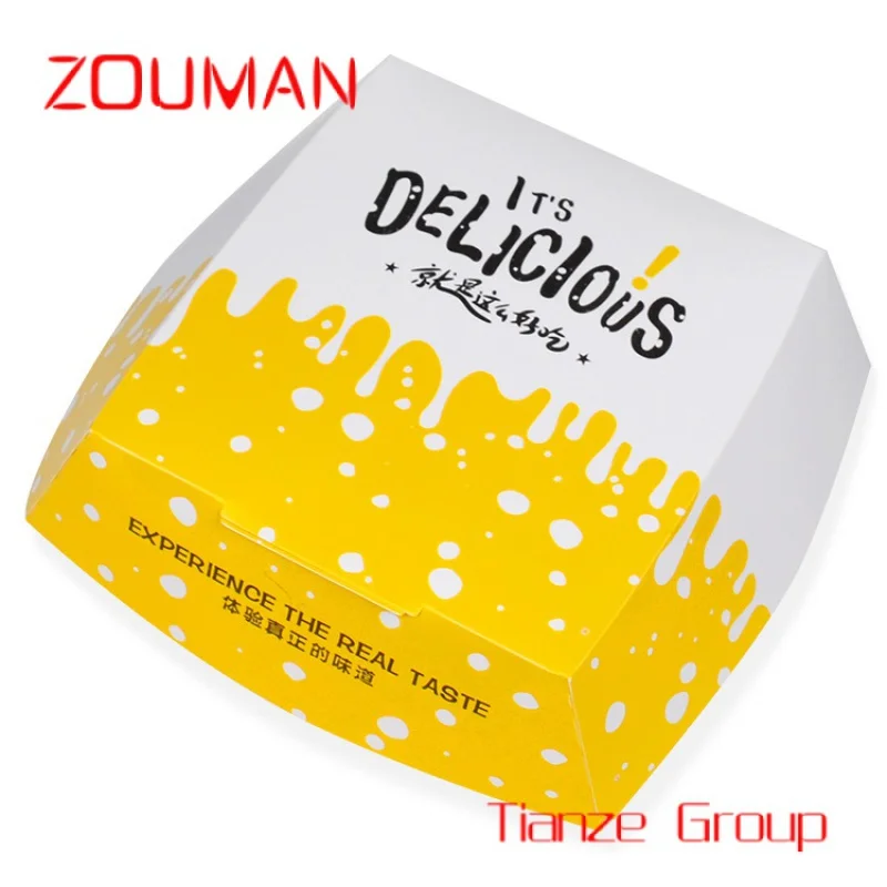 Custom , Free Sample Eco-Friendly Material Glossy Lamination Fast Food Restaurant Yellow Hamburger Box Packaging With Customized