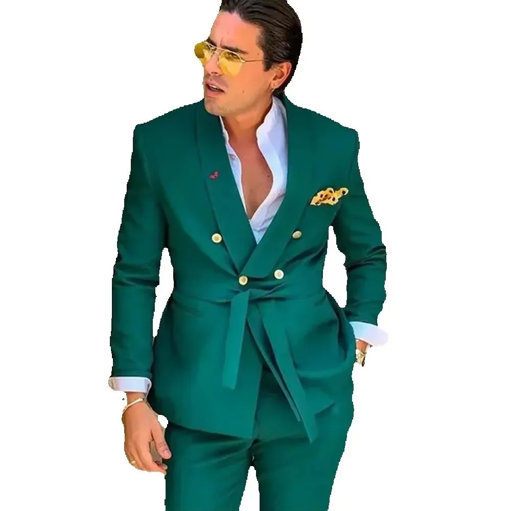 

2 Piecs Green Men Suits Slim Fit Double Breasted Shawl Lapel Formal Prom Tuxedo Set Traje Americana Hombre