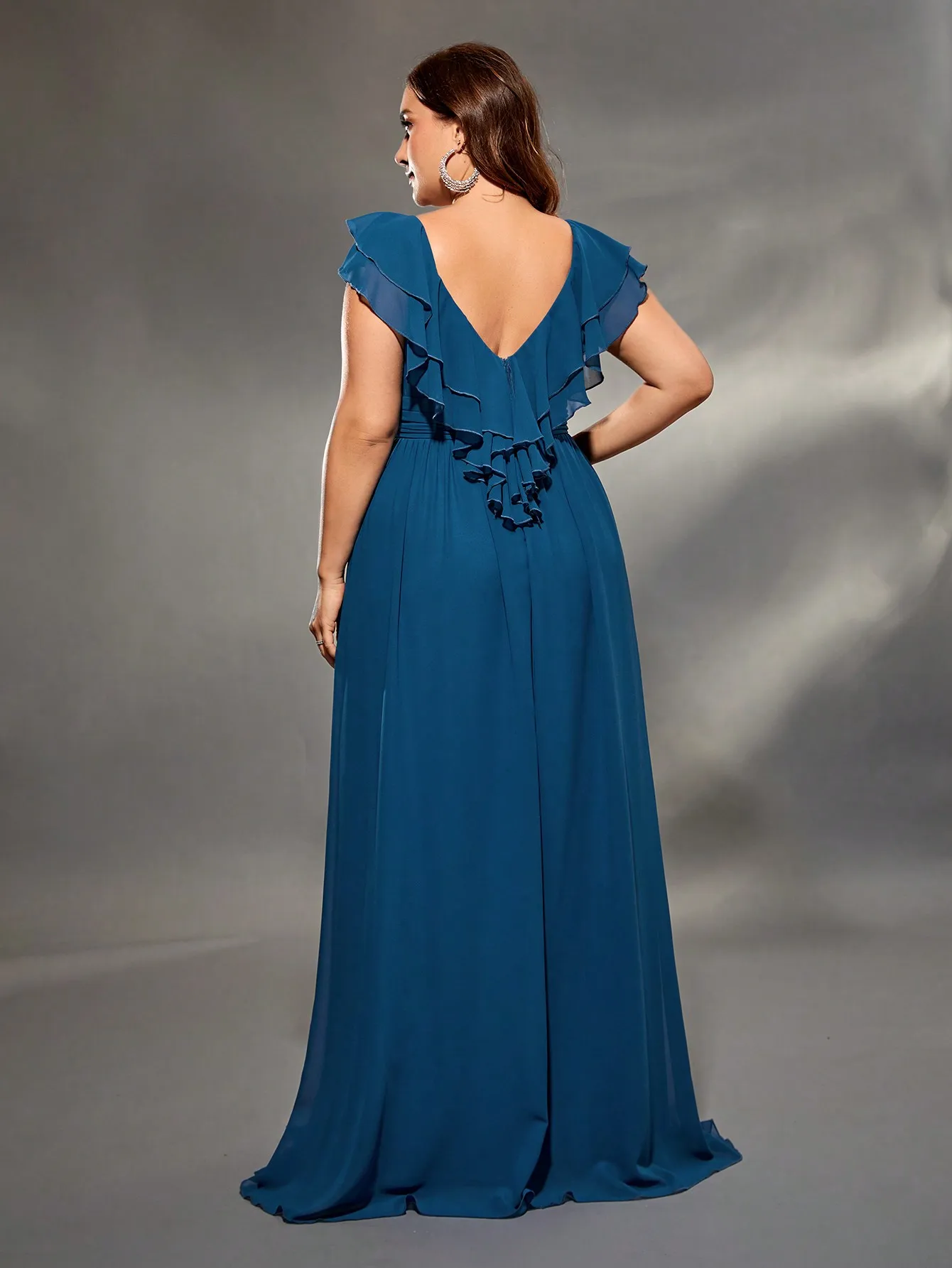 Mgiacy plus size V-neck double layer lotus sleeve chiffon full skirt Evening gown Ball dress Party dress Bridesmaid dress