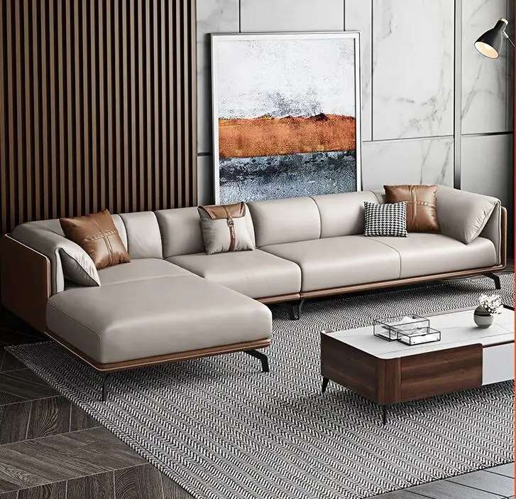 Modern Living Room Sectional Sofa With Comfort Cushions And Genuine Leather Upholstery For Family Seating And Home Lounge Use