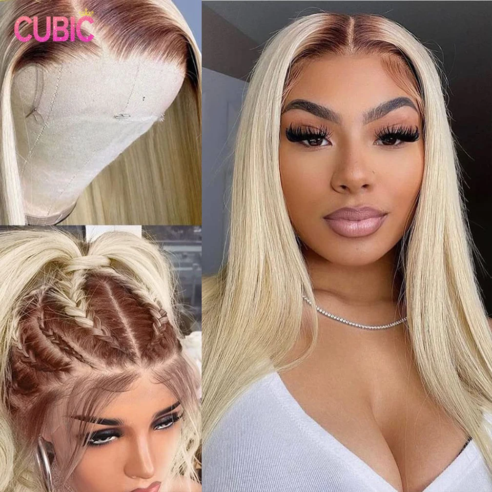 Perruque Lace Front Wig naturelle ombrée, cheveux lisses, couleur blond 613, racines brunes, pre-plucked, 13tage, pour femmes africaines