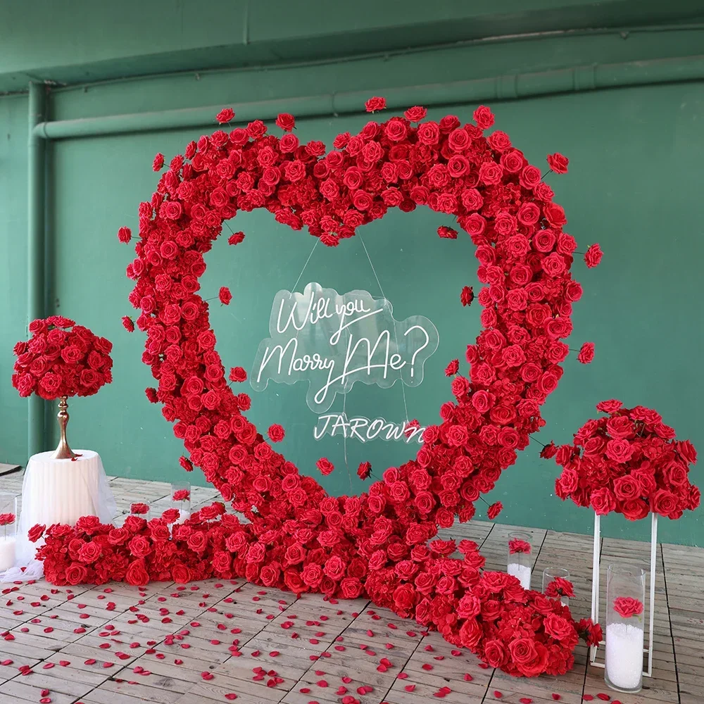 Luxury Red Artificial Rose Hydrangea Love Heart Shape Floral Arrangement for Wedding Decor Props Table Centerpieces Customized